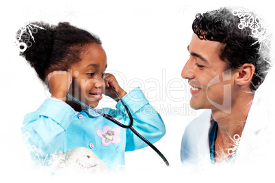 Smiling doctor and his patient playing with a stethoscope