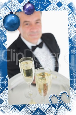 Composite image of close up of tray with glasses of champagne