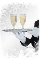 Composite image of waiter holding tray of champagne flutes