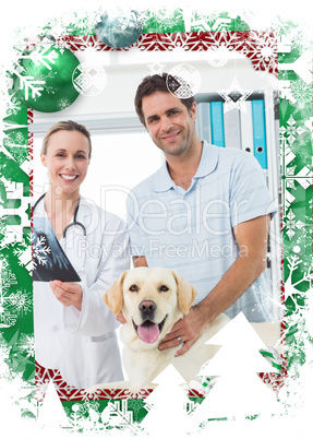 Composite image of pet owner and vet with xray of dog