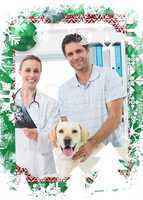 Composite image of pet owner and vet with xray of dog