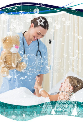 Composite image of playful doctor entertaining sick girl