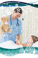 Composite image of playful doctor entertaining sick girl