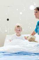 Composite image of portrait of a sick little boy on a hospital b