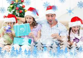 Composite image of family opening christmas presents