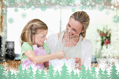 Composite image of mother and daughter having fun in the kitchen