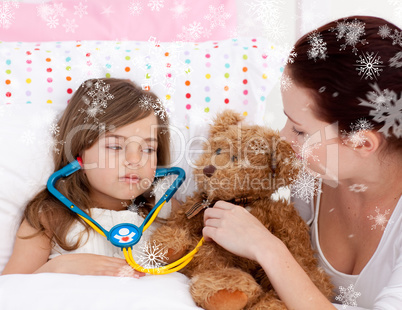 Composite image of sick daughter playing with a stethoscope with