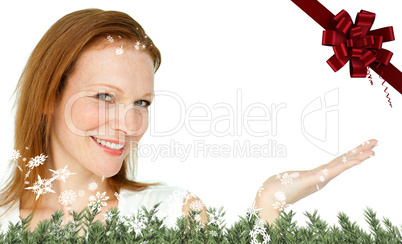 Composite image of confident businesswoman promoting
