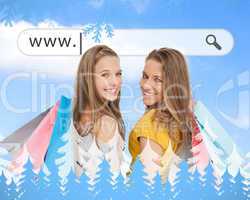 Smiling girls with their shopping bags under address bar