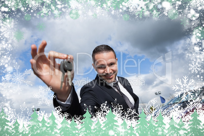 Composite image of happy seller holding car keys