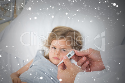 Composite image of doctor holding thermometer with girl in hospi