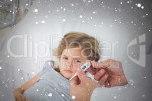 Composite image of doctor holding thermometer with girl in hospi