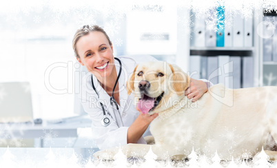 Composite image of female veterinarian examining dog