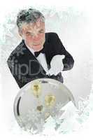 Composite image of waiter offering tray with glasses of champagn