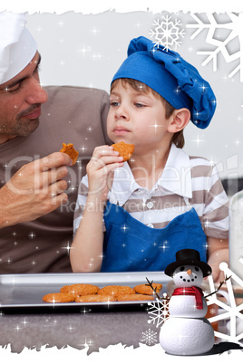 Composite image of father and son eating cookies