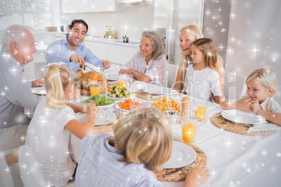 Composite image of father proposing a slice of turkey