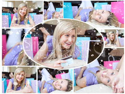 Montage of happy young woman who has been shopping