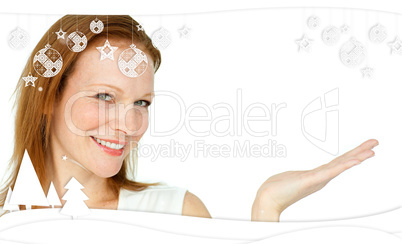 Composite image of confident businesswoman promoting