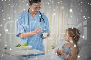 Composite image of doctor feeding meal to sick girl