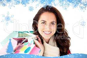 Radiant woman wearing a scarf and holding shopping bags