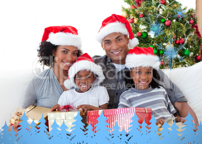 Composite image of family holding christmas presents