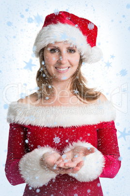 Pretty woman in santa costume presenting your product