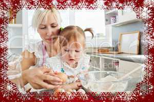 Composite image of focused woman baking cookies with her daughte