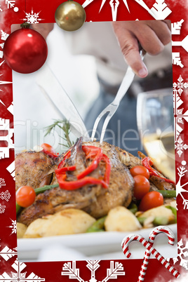 Close up of a man carving the roast chicken