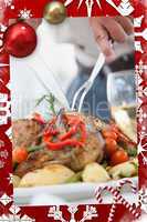 Close up of a man carving the roast chicken