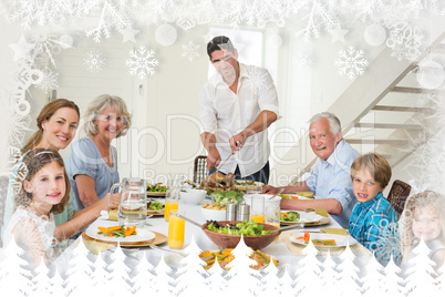 Composite image of smiling father serving meal to family