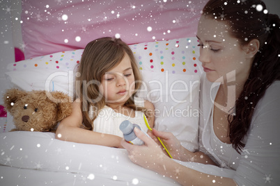 Composite image of mother giving her daughter cough medicine