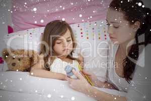 Composite image of mother giving her daughter cough medicine