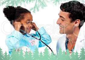 Smiling doctor and his patient playing with a stethoscope