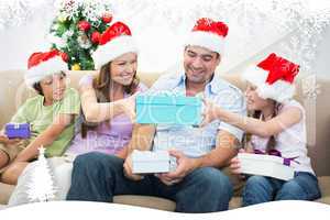 Composite image of family exchanging christmas gifts