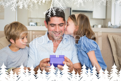 Composite image of loving children gifting father