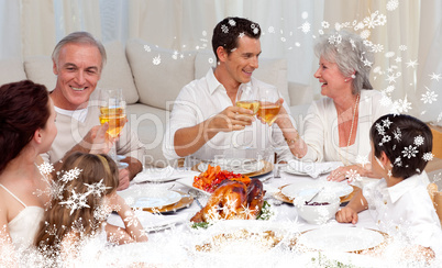 Composite image of parents and grandparents tusting with wine in