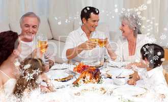 Composite image of parents and grandparents tusting with wine in
