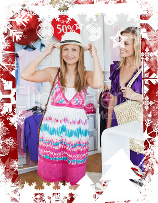 Composite image of joyful women choosing clothes together