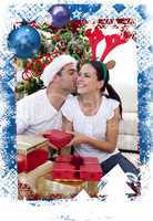 Composite image of lovely couple giving presents for christmas