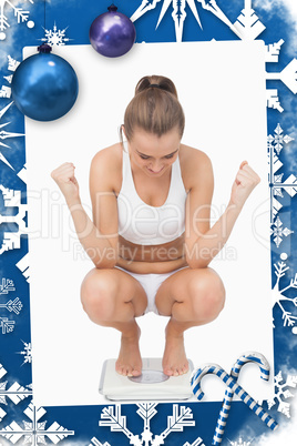 Composite image of successful young woman crouching on a scales
