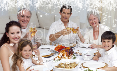 Composite image of family tusting with wine in a dinner smiling