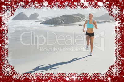 Composite image of fit woman jogging on the beach