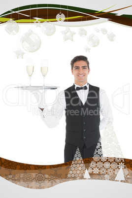 Composite image of young waiter presenting a silver tray