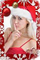 Composite image of woman in santa hat making silence gesture