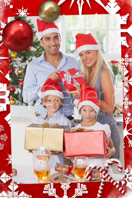 Composite image of family holding christmas presents