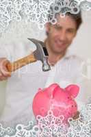 Casual businessman breaking piggy bank with hammer