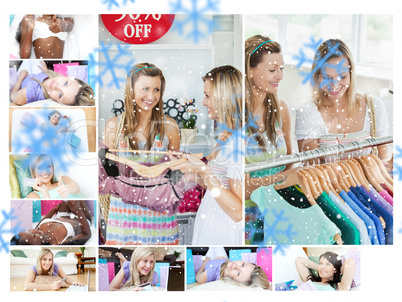 Montage of young women shopping for clothes