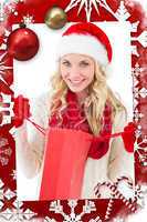 Composite image of festive blonde holding shopping bag