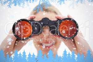 Composite image of woman looking through binoculars