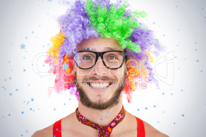 Geeky hipster in afro rainbow wig